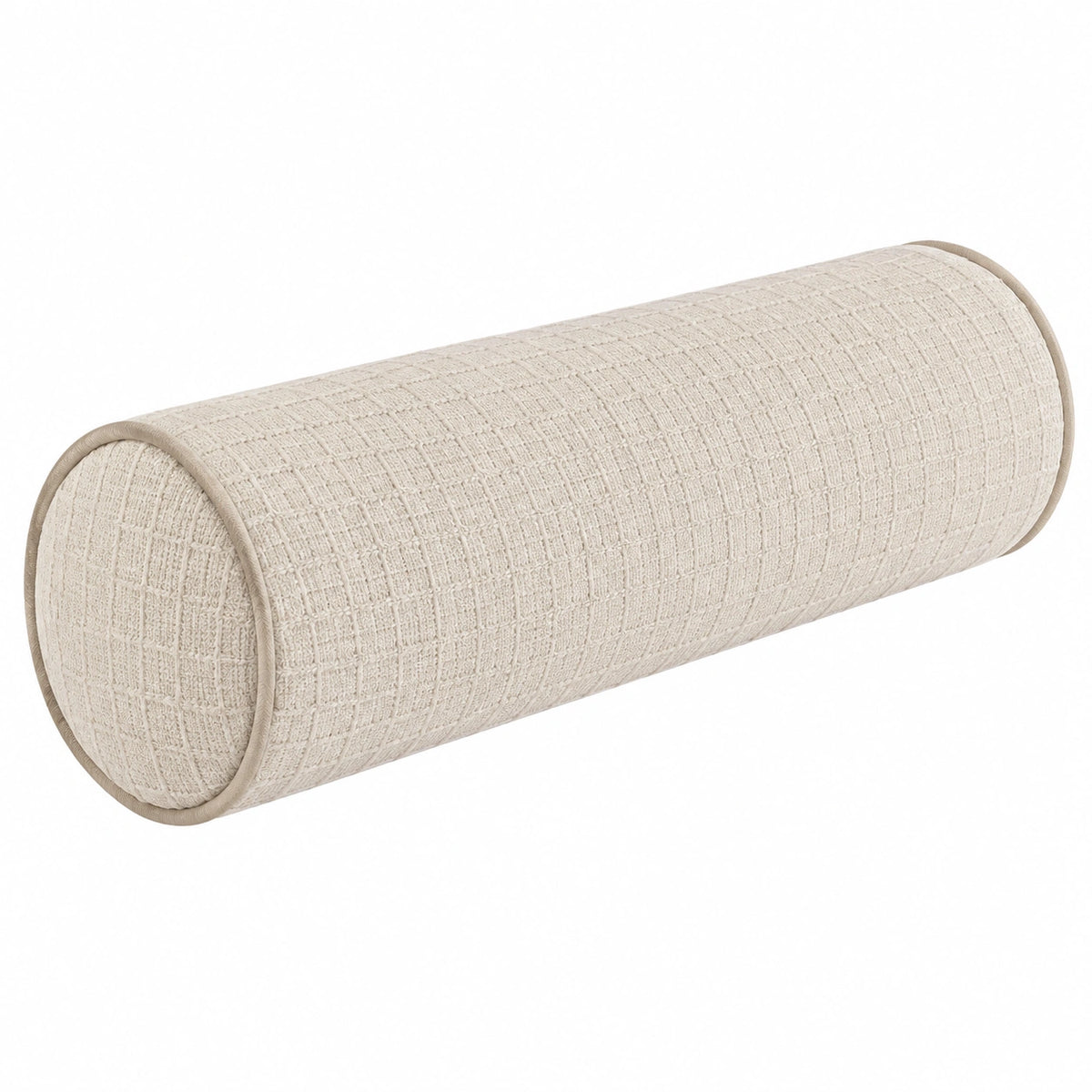 Cojín cilíndrico 15 x 45 cm de tejido beige con ribete decorativo