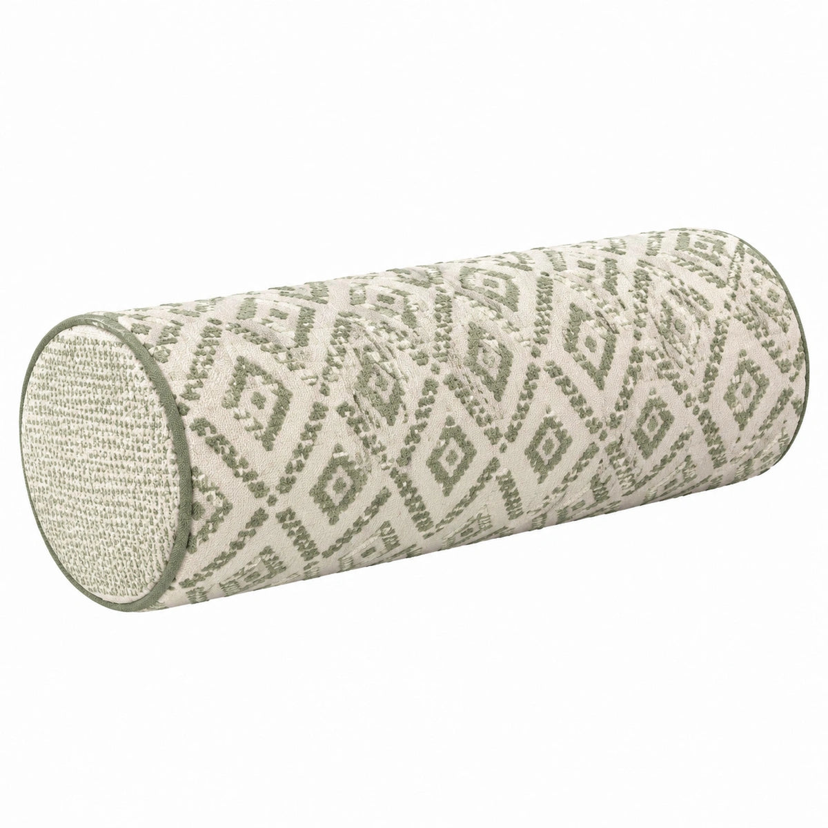 Cojín cilíndrico 45 x 15 cm de tela beige y verde con estampado geométrico para decoración