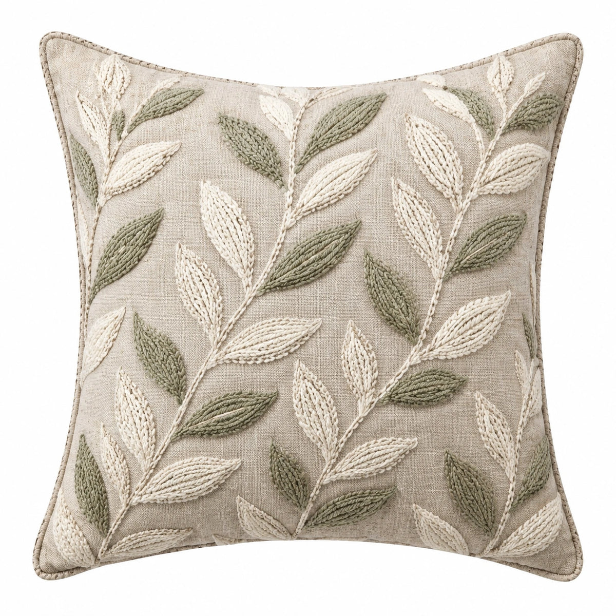Cojín decorativo cuadrado 45 x 45 cm de tejido beige y verde con bordado vegetal