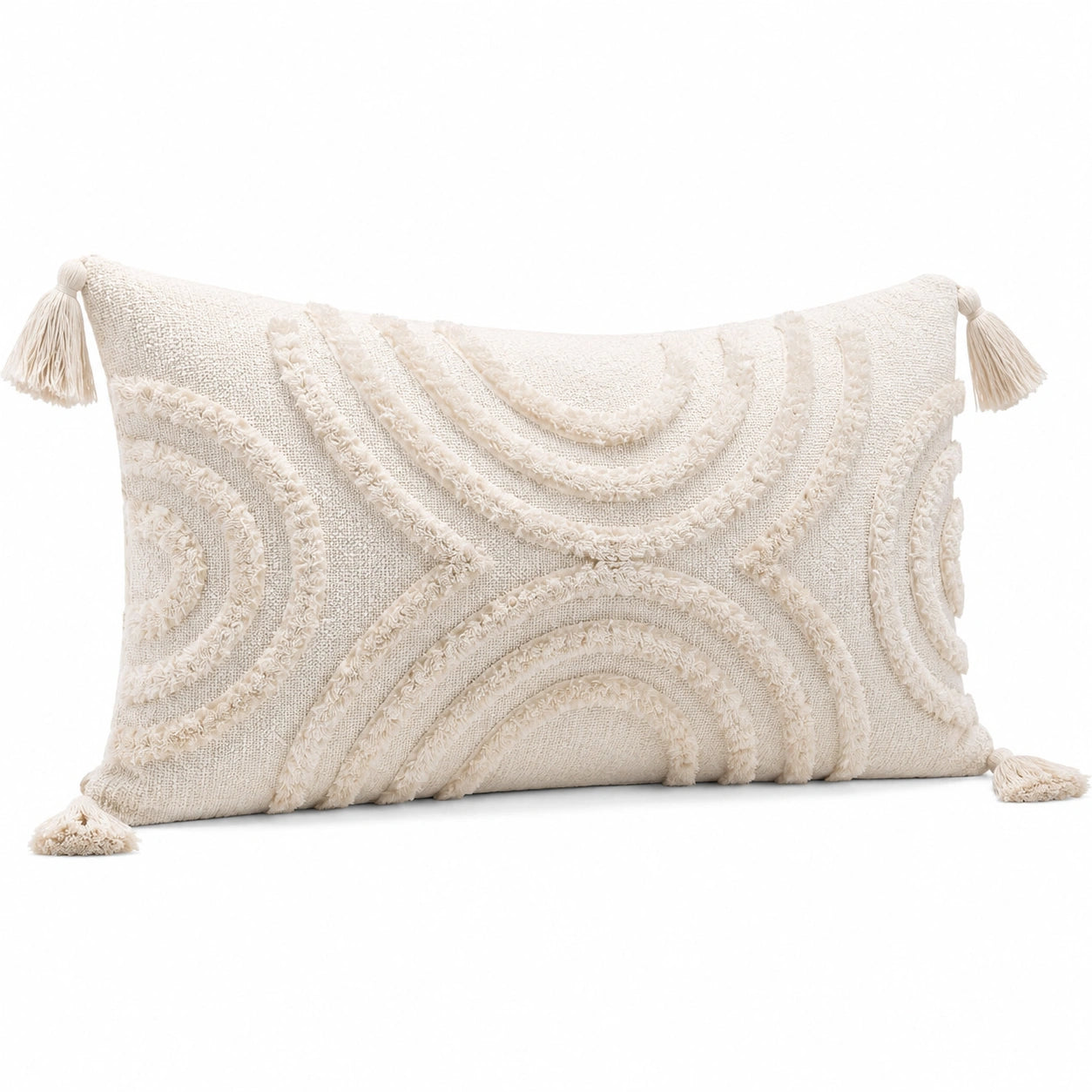 Cojín lumbar 50 x 30 cm textil beige decorativo con borlas estilo bohemio