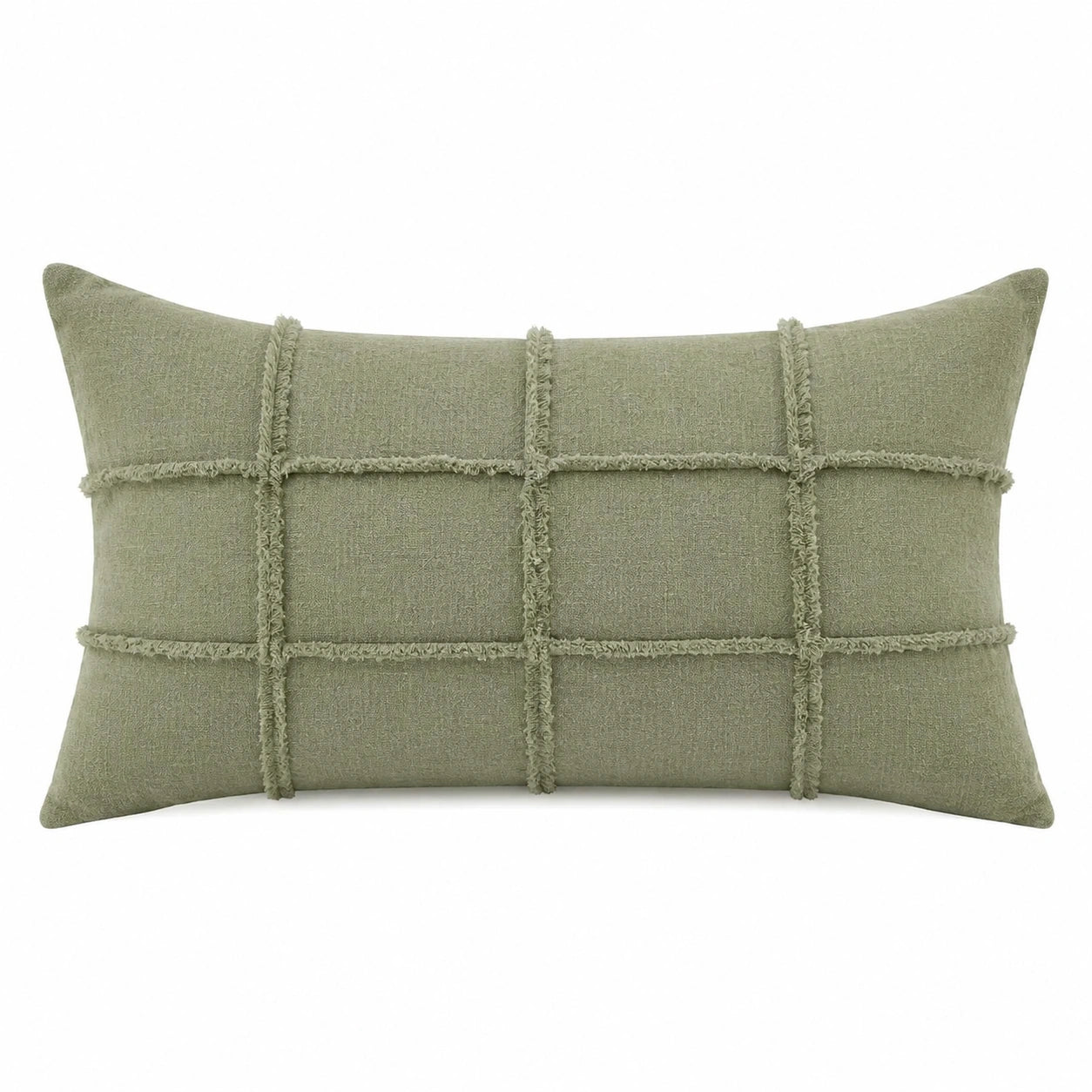 Cojín rectangular 50 x 30 cm de tejido verde salvia para decoración con diseño de flecos