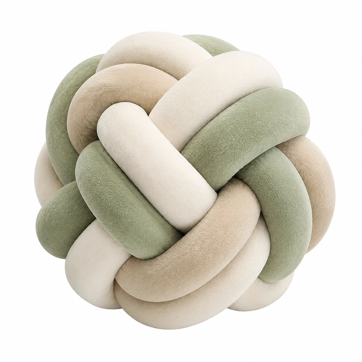 Cojín decorativo de nudo 30 cm en tejido afelpado verde beige y blanco