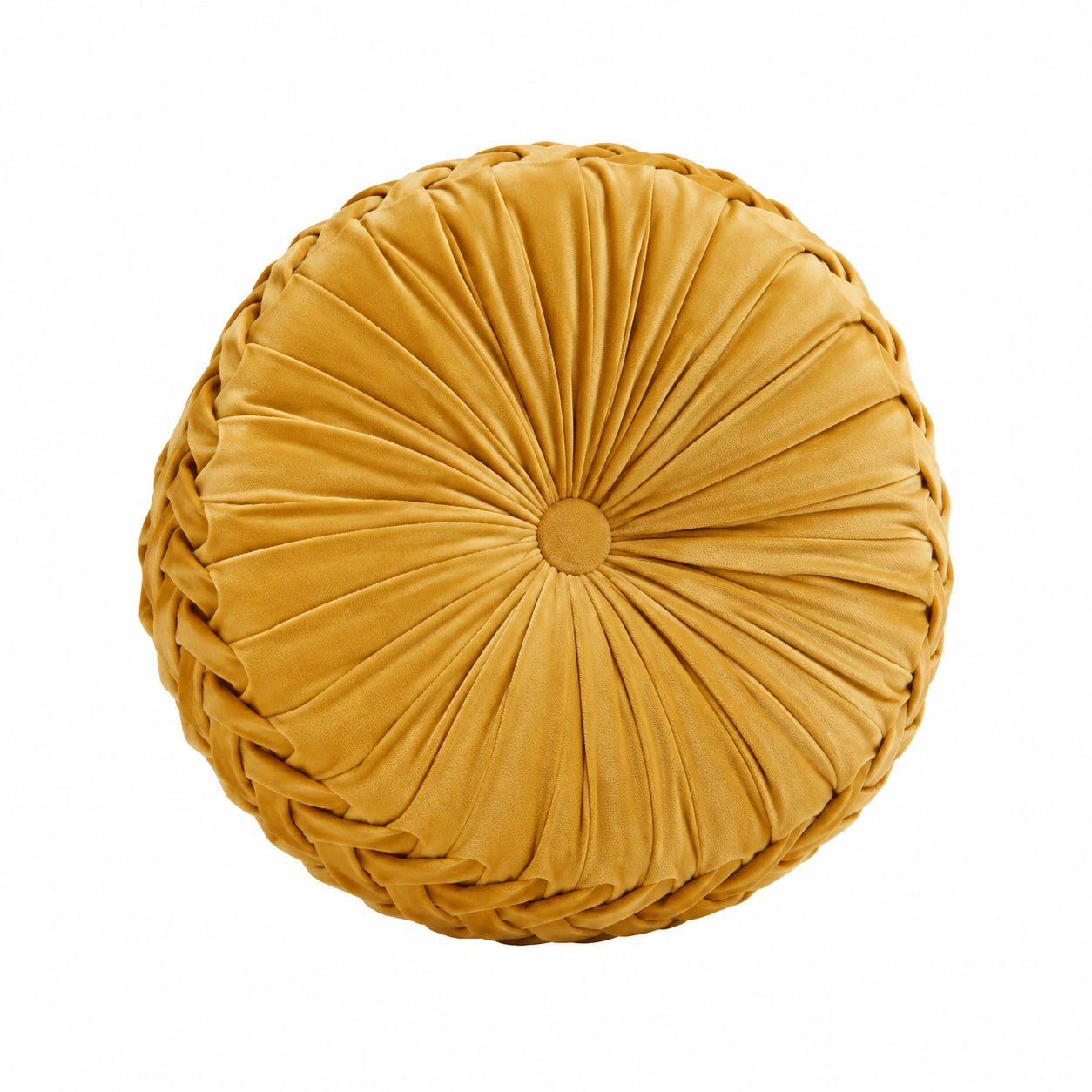 Cojín decorativo redondo 40 cm de tejido aterciopelado mostaza con fruncido radial