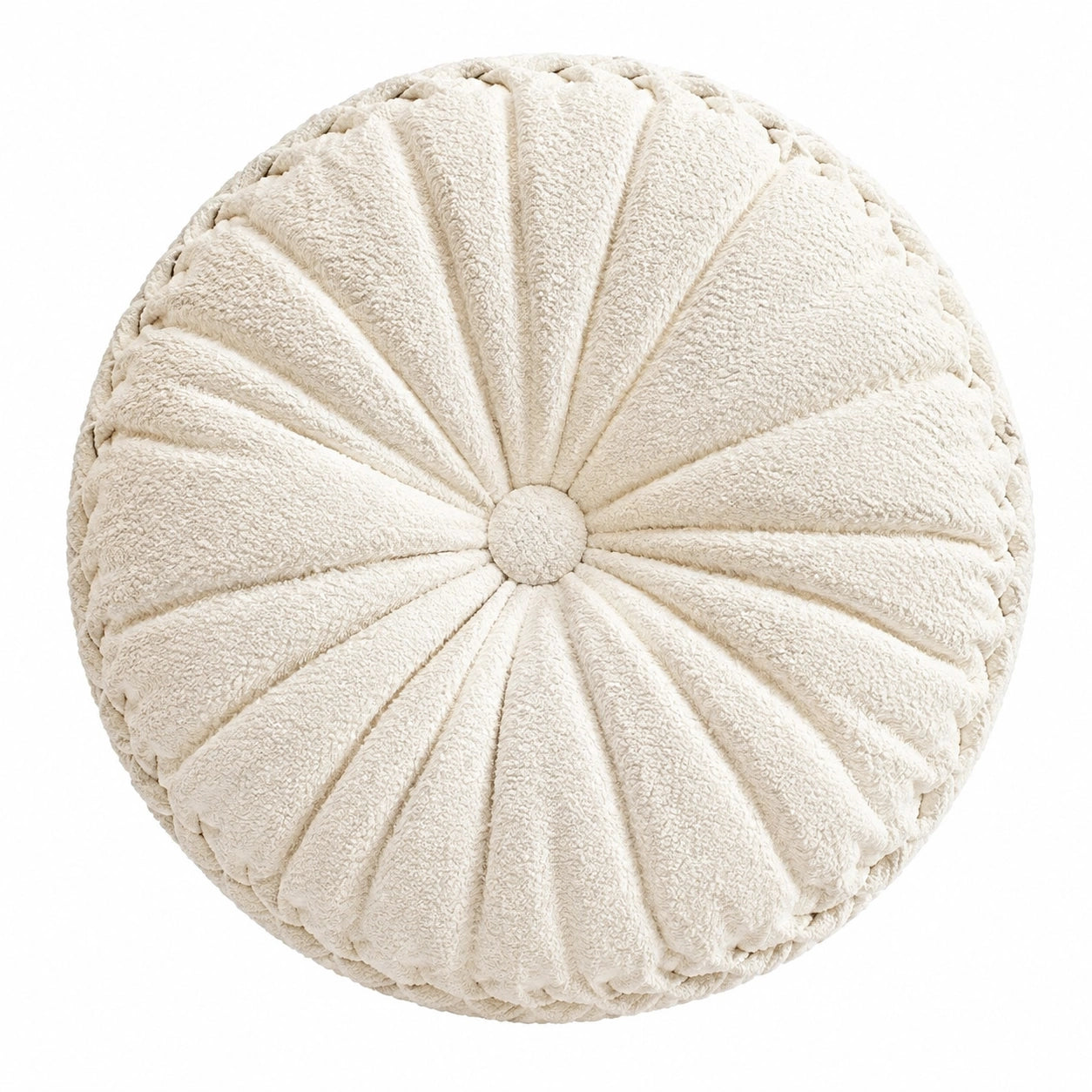 Cojín redondo 45 cm de tejido afelpado beige con pliegues decorativos