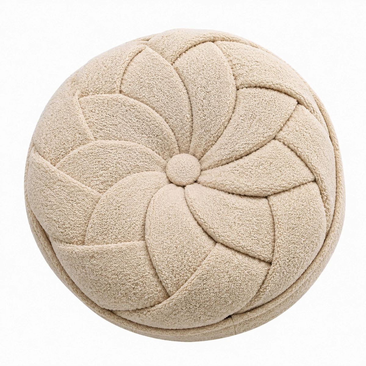 Cojín decorativo redondo 45 cm de tejido bouclé beige con relieve floral