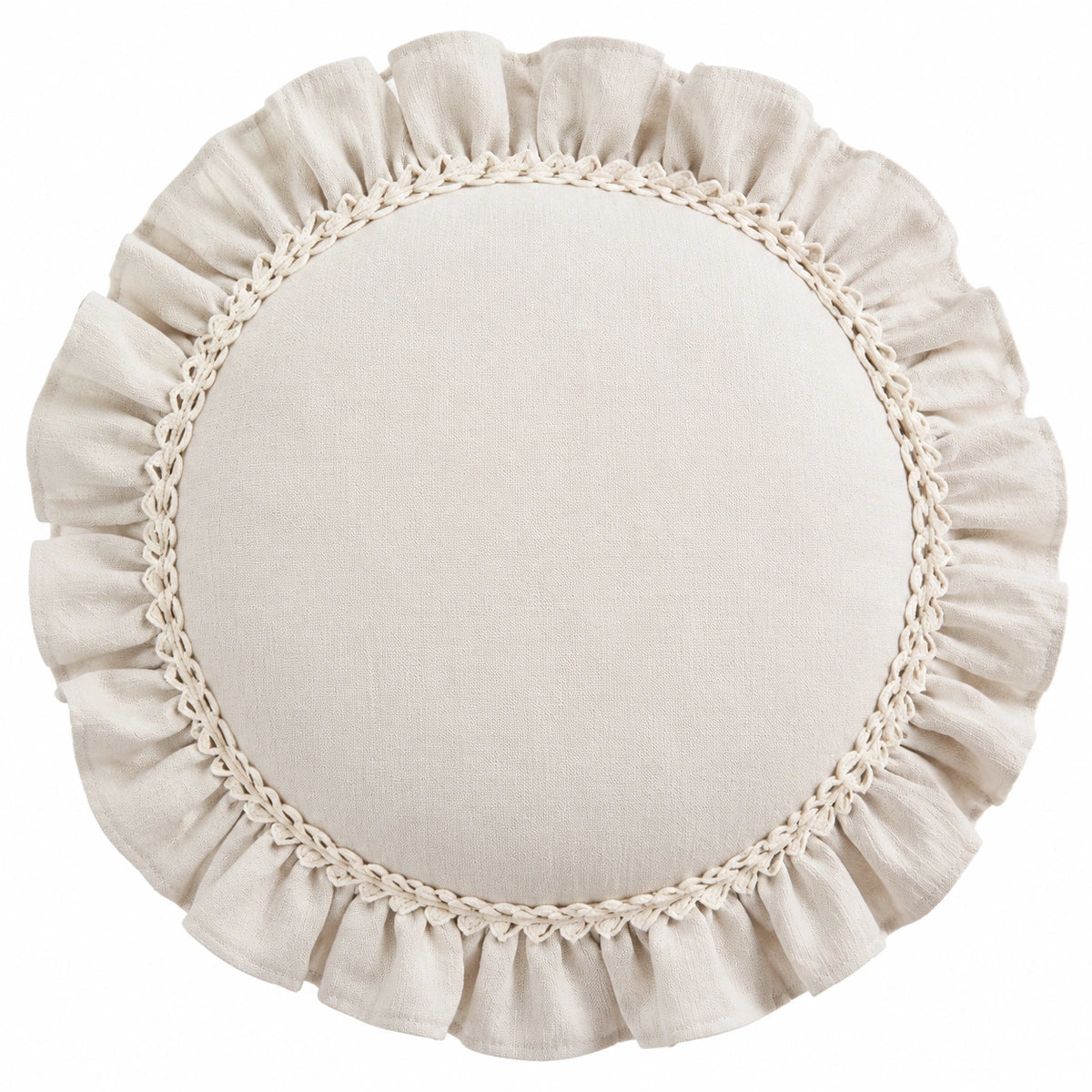 Cojín redondo 45 cm de tela beige con volante decorativo